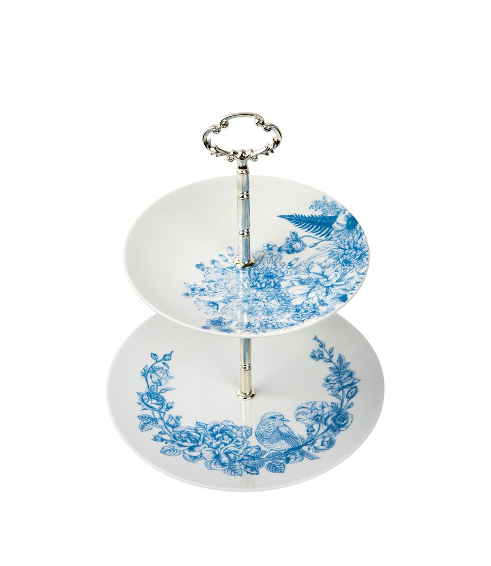 ABT-20-2S-ABT-25 AZUL BLANCO THIN MAVİ ÇİÇEK DESENLİ 20CM&25CM 2 KATLI İNCE PORSELEN STAND