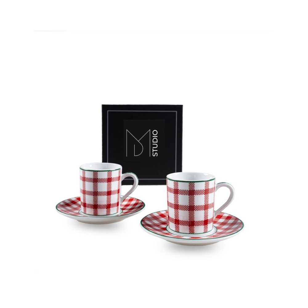 Kırmızı Ekose Desenli Fincan Seti